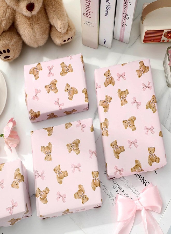 FYSUIMU Pink Bow Bear Wrapping Paper -Mini Roll- 17 Inch x 32.8 Ft Brown Bear Bow Knot Gift Wrap Paper Cute Pink Art Paper for Baby Shower Birthday Supplies - Image 4